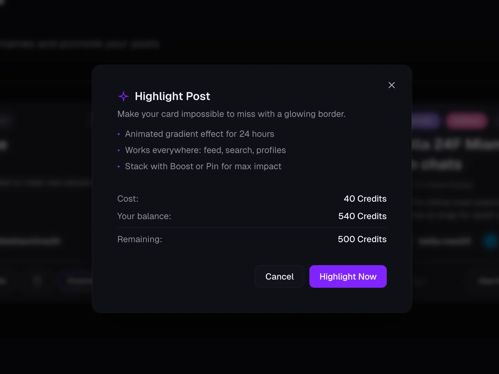 Highlight Post confirmation modal