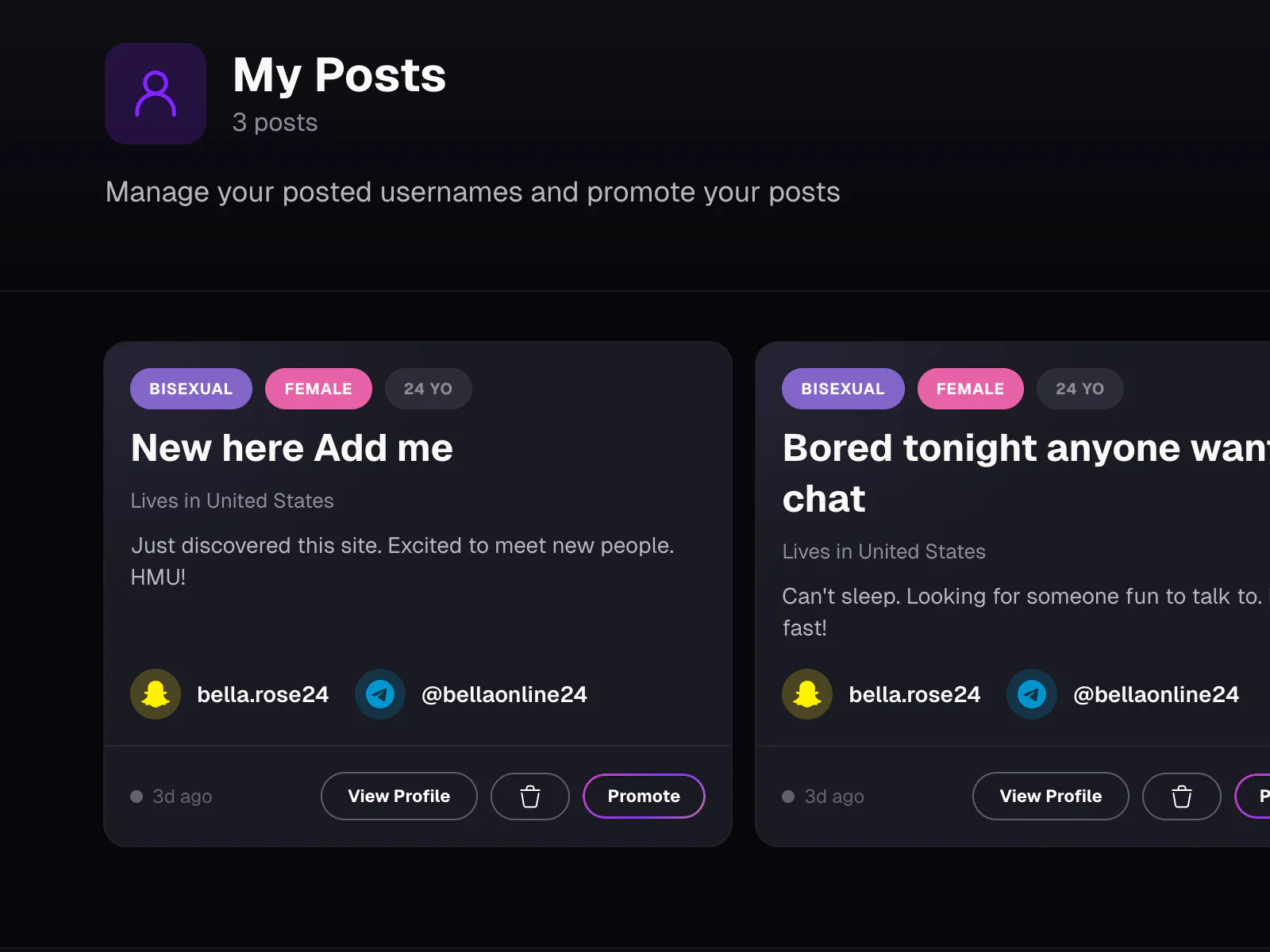 My Posts view with edit and promote options