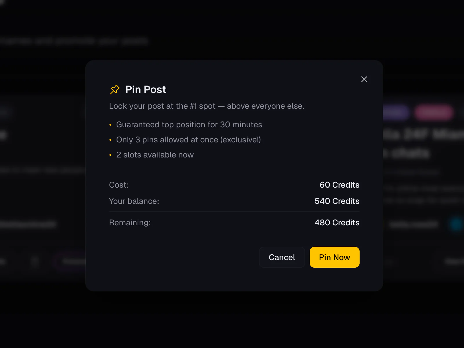 Pin Post confirmation modal